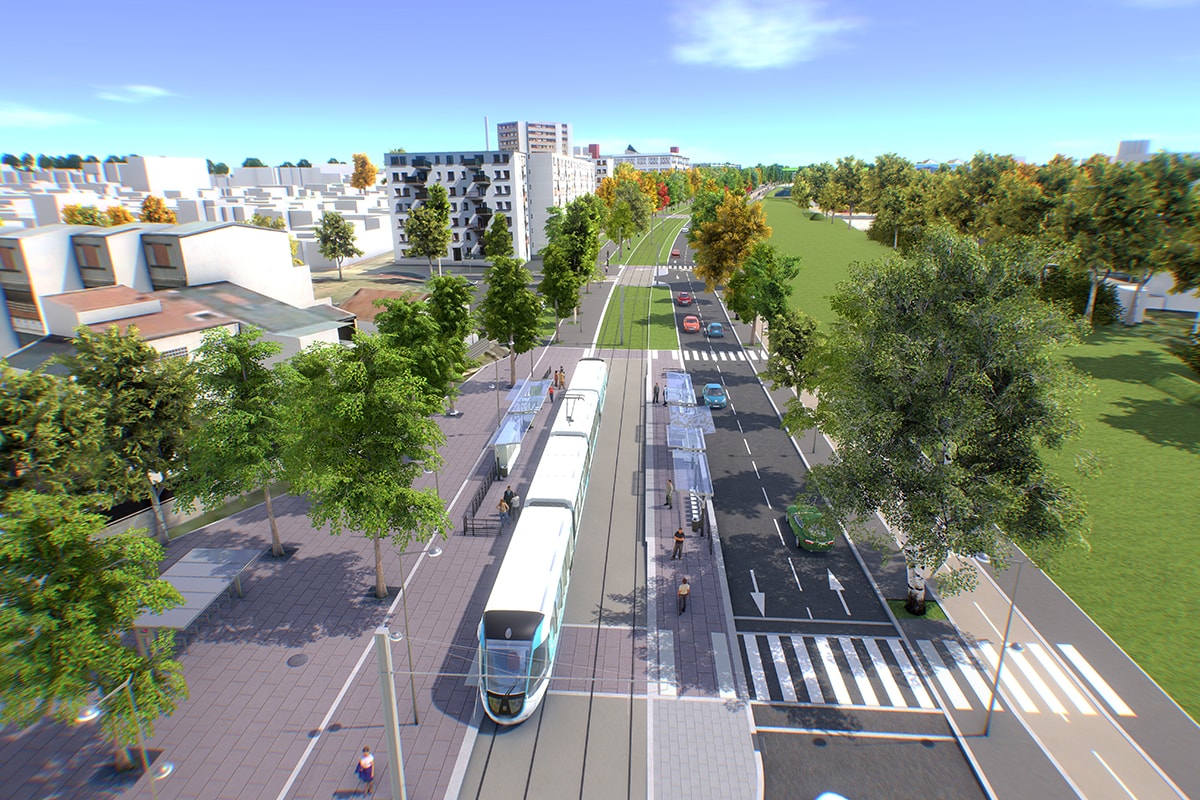Avenue paysagère accueillant le tramway et partageant l’espace aux côtés des automobilistes