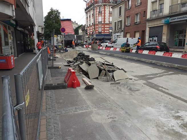 Travaux préparatoires balisage commun rue Jean-Jaurès à Noisy-le-Sec